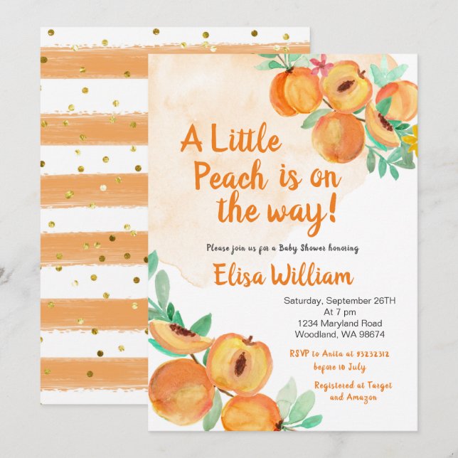 Invitation Sweet Little Peach est sur le chemin du Baby showe (Devant / Derrière)