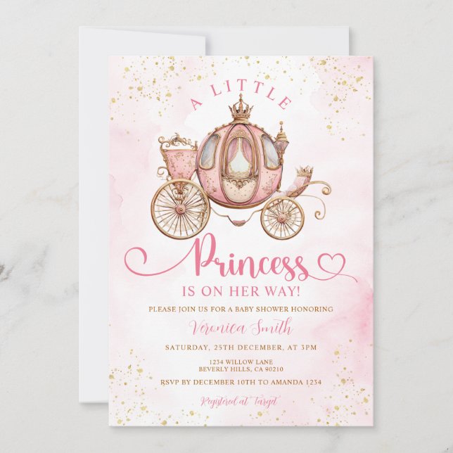 Invitation Sweet Little Princess Carriage Royal Baby Shower (Devant)