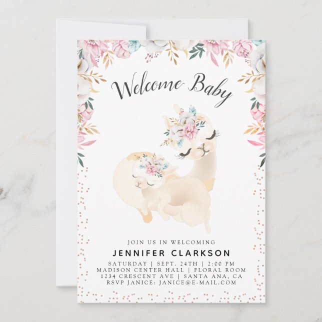 Invitation Sweet Mama & Baby Llama Welcome Baby (Devant)