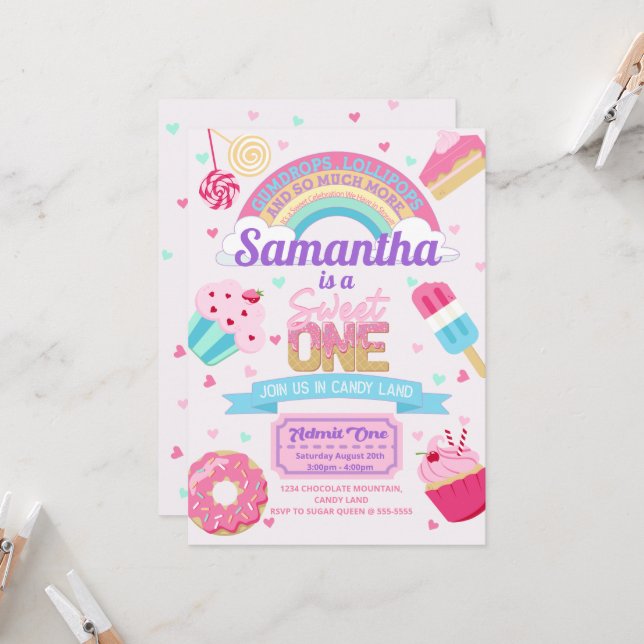 Invitation Sweet One 1er anniversaire Candy Land Party Invita (Devant/Arrière en situation)