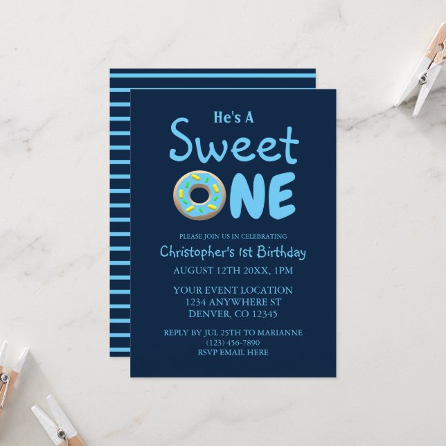 Invitation Sweet One Blue Donut Boy 1er anniversaire (Devant/Arrière en situation)
