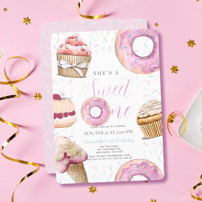 Invitation Sweet One Cupcake & Donuts Fille 1er anniversaire (Créateur téléchargé)