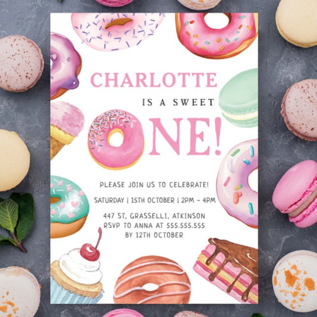 Invitation Sweet One Donut Dessert 1ère fête d'anniversaire (Créateur téléchargé)
