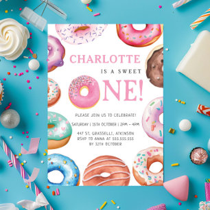 Invitation Sweet One Donut Rose 1er fête d'anniversaire
