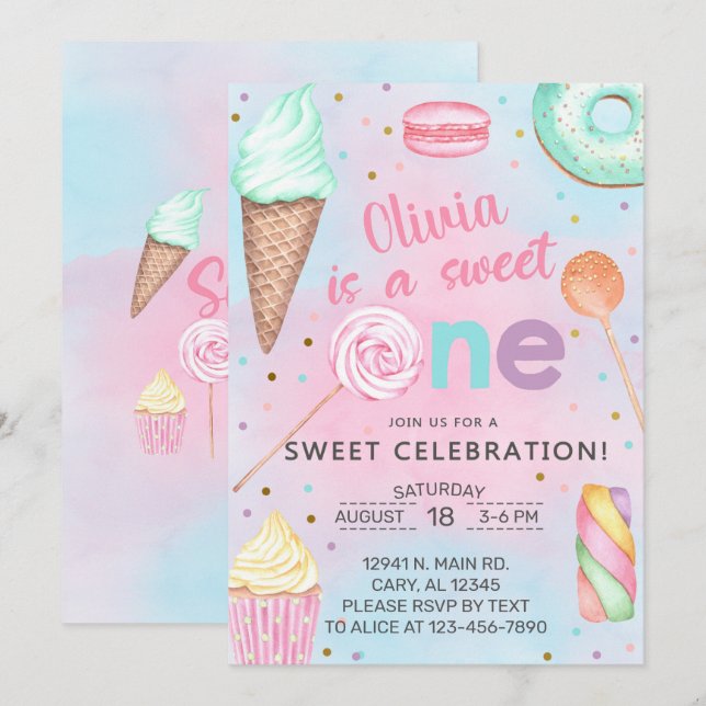 Invitation Sweet One girl first, 1er anniversaire invitation. (Devant / Derrière)