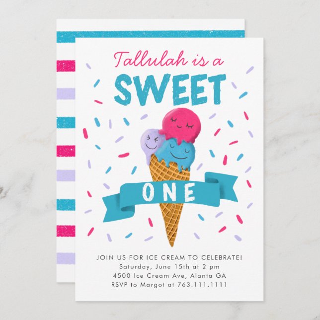 Invitation Sweet One Ice Cream Enfants 1er anniversaire fête (Devant / Derrière)