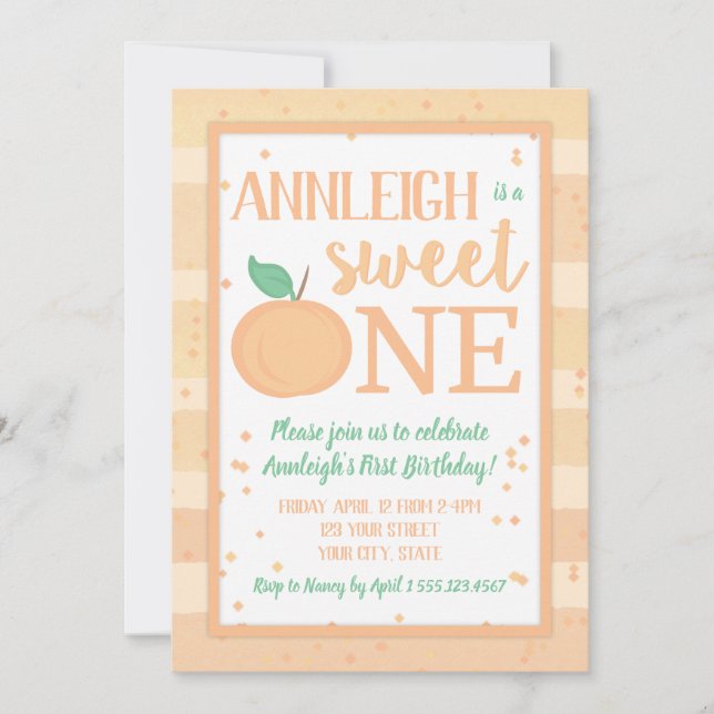Invitation Sweet One Peach Thème Filles Premier Anniversaire (Devant)