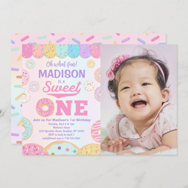 Invitation Sweet ONE Rainbow Donut 1er Anniversaire Photo (Devant / Derrière)
