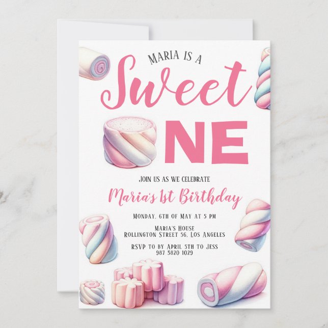 Invitation Sweet One rose Marshmallow 1er anniversaire Invita (Devant)