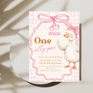 Invitation Sweet ONE Silly Goose Baby Girl 1st Birthday Party