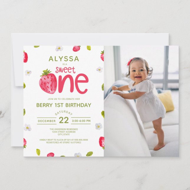 Invitation Sweet ONE Strawberry Photo Premier anniversaire (Devant)