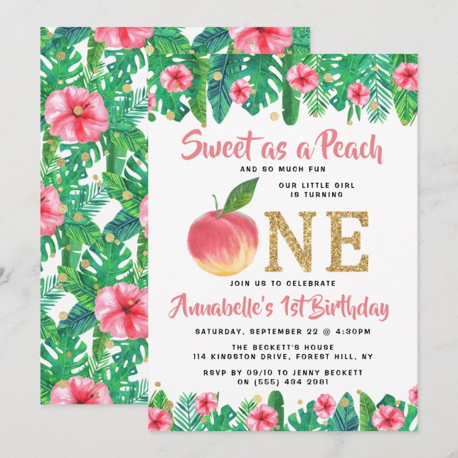 Invitation Sweet Peach Girls 1er anniversaire (Devant / Derrière)