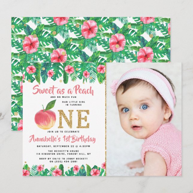 Invitation Sweet Peach Girls 1er Anniversaire Photo (Devant / Derrière)