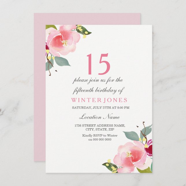 Invitation Sweet Peach Pink Flower 15e anniversaire invitatio (Devant / Derrière)