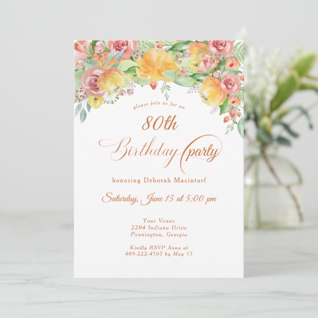 Invitation Sweet Peach Roses Floral 80e (Debout devant)