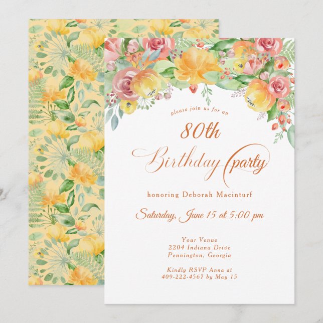 Invitation Sweet Peach Roses Floral 80e (Devant / Derrière)