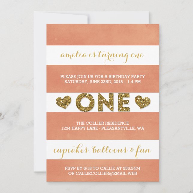 Invitation Sweet Peach Stripes Première fête d'anniversaire (Devant)