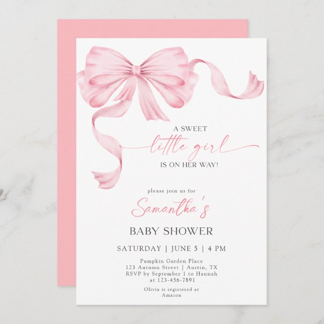 Invitation Sweet Petite fille Bow Coquette Baby shower fronta (Devant / Derrière)