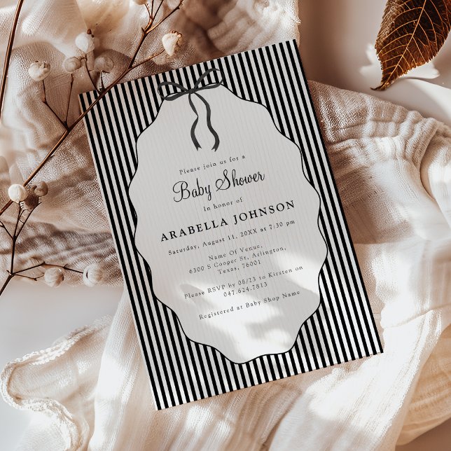 Invitation Sweet Pinstriped Black Bow Baby Shower (Créateur téléchargé)