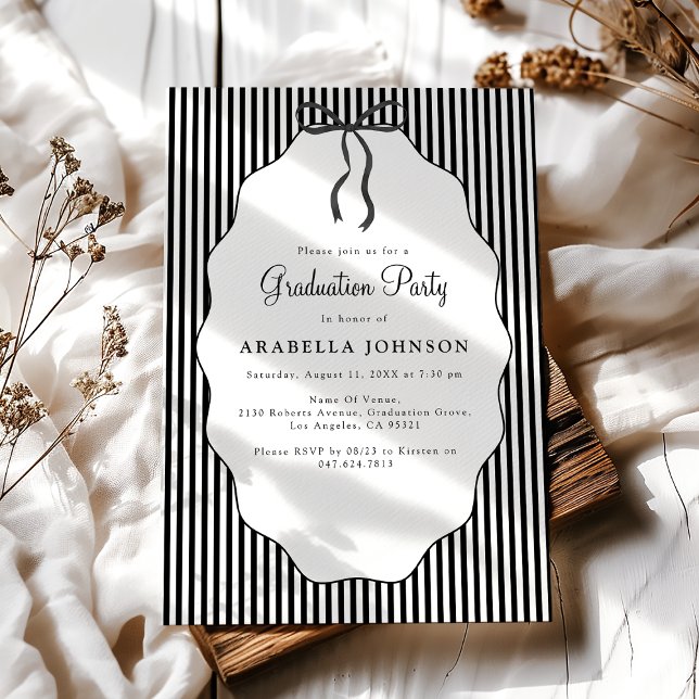 Invitation Sweet Pinstriped Black Bow Graduation (Créateur téléchargé)