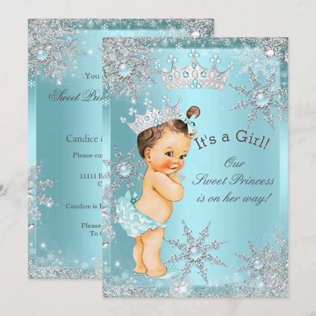 Invitation Sweet Princess Baby shower fille Turquoise Brunett (Devant / Derrière)