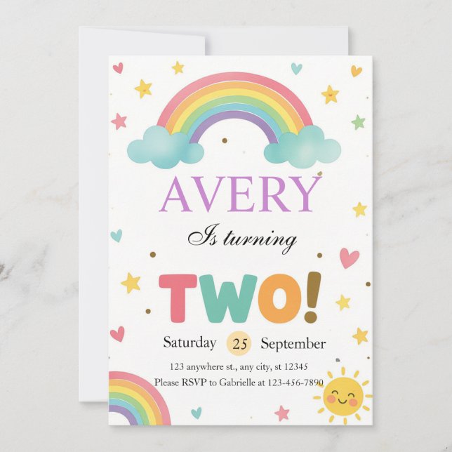 Invitation Sweet Rainbow 2nd Birthday (Devant)