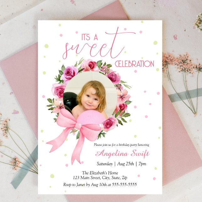 Invitation Sweet rose Bow Rose Floral Photo Anniversaire (Créateur téléchargé)