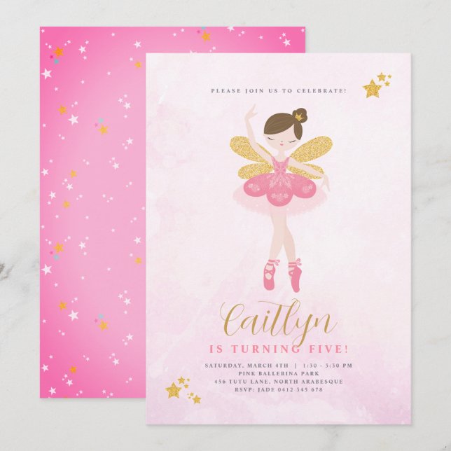 Invitation Sweet Rose & Or Ballerina Fairy Anniversaire (Devant / Derrière)