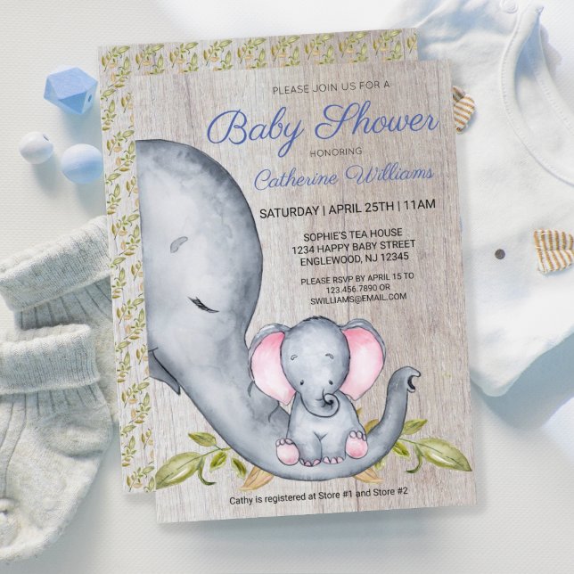 Invitation Sweet Rustic Elephant Baby shower bleu garçon (Créateur téléchargé)
