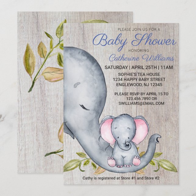 Invitation Sweet Rustic Elephant Blue Boy Baby shower Invitat (Devant / Derrière)