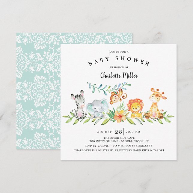 Invitation Sweet Safari Animaux Sexe Baby shower Neutre Dans (Devant / Derrière)