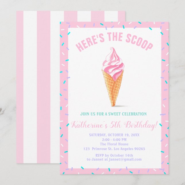 Invitation Sweet Scoop Baby Sprinkle Candy shoppe Anniversair (Devant / Derrière)