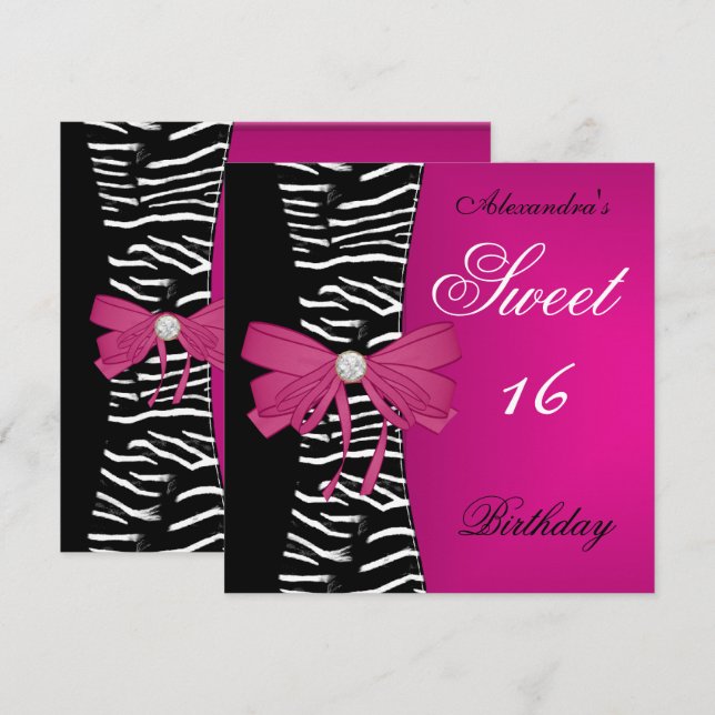 Invitation Sweet sixteen 16 16ème Bright Pink Zebra Black Bow (Devant / Derrière)