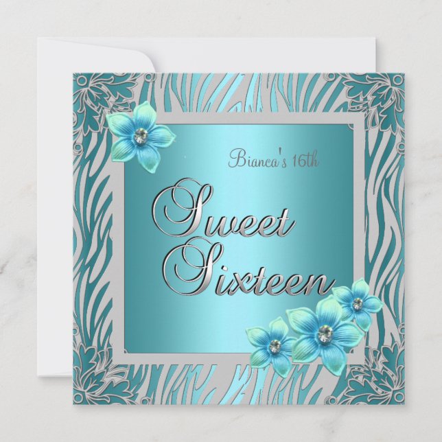Invitation Sweet sixteen 16 Anniversaire Bleu Fleur Bleu Arge (Devant)