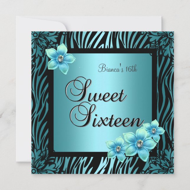 Invitation Sweet sixteen 16 Anniversaire bleu Fleur noir Arge (Devant)