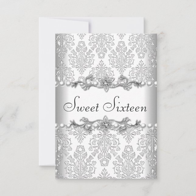 Invitation Sweet sixteen 16 Anniversaire de fête Argent blanc (Devant)