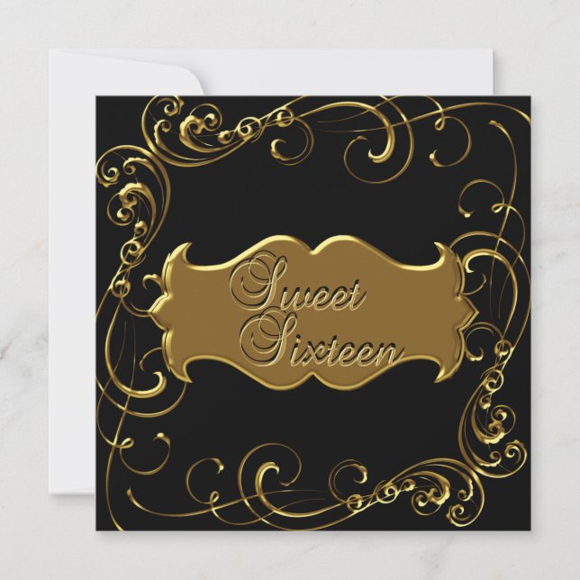 Invitation Sweet Sixteen 16 Anniversaire Élégant Noir Or (Devant)