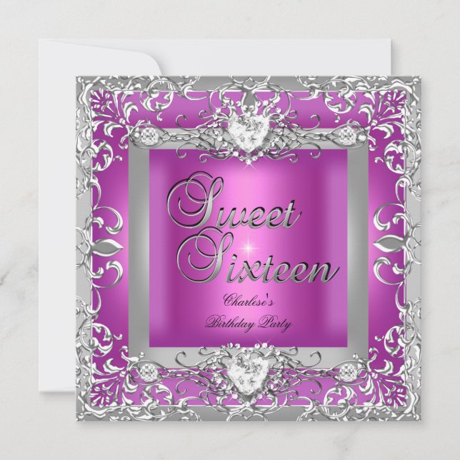 Invitation Sweet sixteen 16 Anniversaire fête Hot rose argent (Devant)
