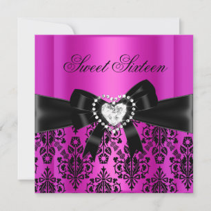 Invitation Sweet sixteen 16 Anniversaire Fête Rose Noir Damas