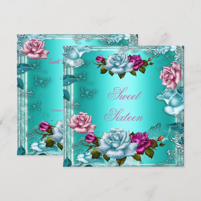 Invitation Sweet sixteen 16 Anniversaire fête Roses roses Tur (Devant / Derrière)