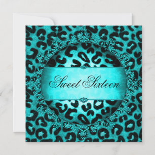 Invitation Sweet Sixteen 16 Anniversaire Fête Teal Blue Léopa