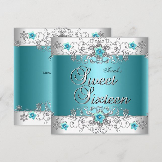 Invitation Sweet sixteen 16 Anniversaire fête Turquoise Diama (Devant / Derrière)