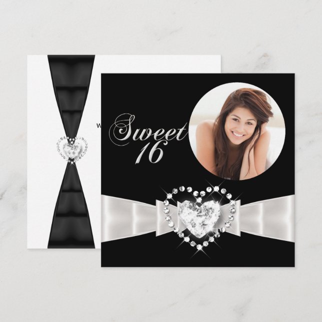 Invitation Sweet sixteen 16 Anniversaire Noir Blanc (Devant / Derrière)