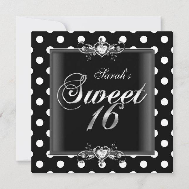 Invitation Sweet sixteen 16 Anniversaire Noir Blanc Points (Devant)