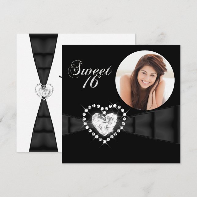 Invitation Sweet sixteen 16 Anniversaire Photo Noir (Devant / Derrière)