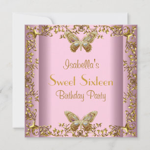 Invitation Sweet sixteen 16 Anniversaire Pink Gold Papillon