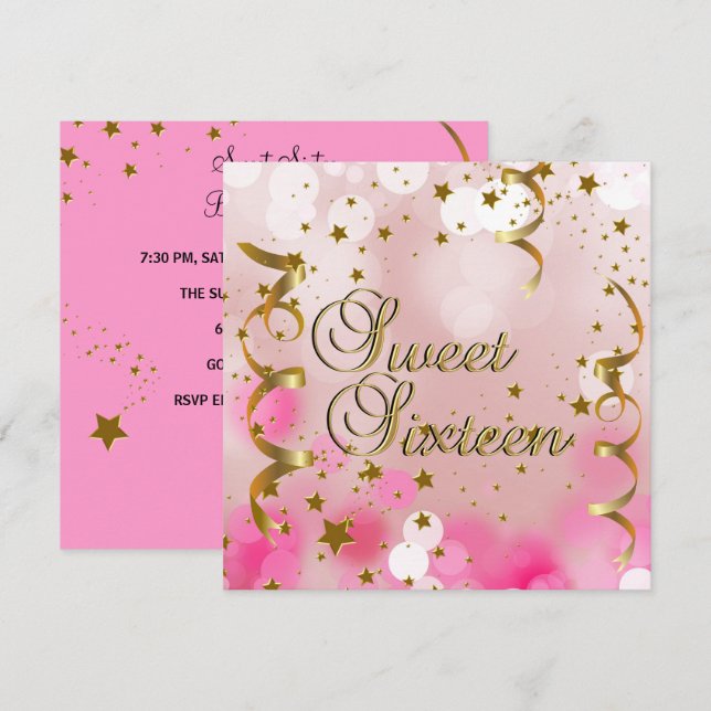 Invitation Sweet sixteen 16 Anniversaire Pink Gold Stars (Devant / Derrière)