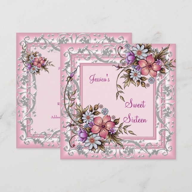 Invitation Sweet sixteen 16 Anniversaire Plutôt rose Floral 2 (Devant / Derrière)