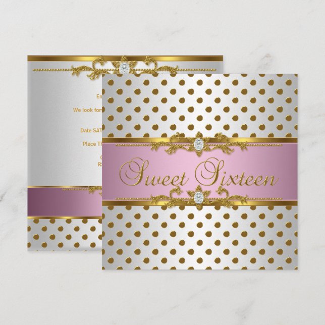 Invitation Sweet sixteen 16 Anniversaire Rose Blanc Or Spot (Devant / Derrière)
