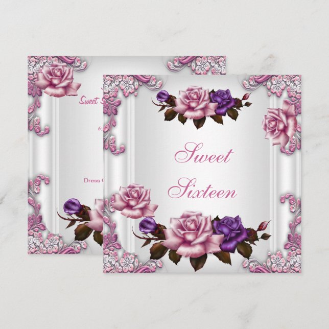 Invitation Sweet sixteen 16 Anniversaire Rose blanche (Devant / Derrière)